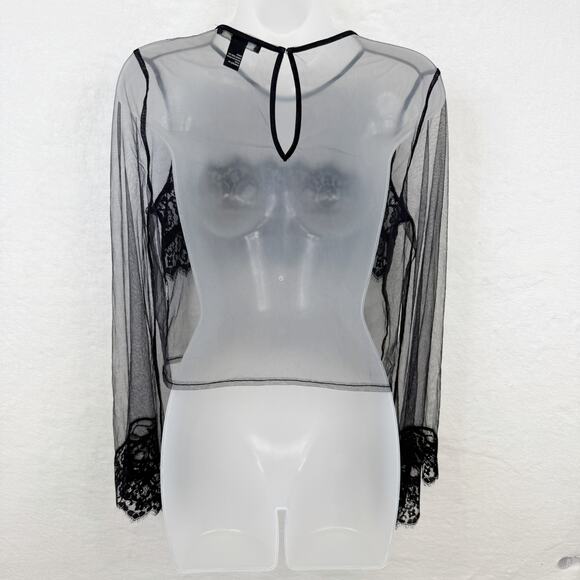 FOREVER 21 Sheer Mesh Cropped Top Flare Sleeve Whimsigoth Witchy 90s Black Sz S - Picture 4 of 5